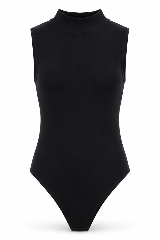 Front view of Primark women’s black nylon bodysuit one-piece, size UK 8, snap
