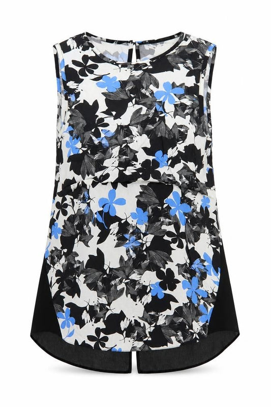 Front view of Oasis women’s multicoloured geometric viscose basic tank, size UK 8, round neck