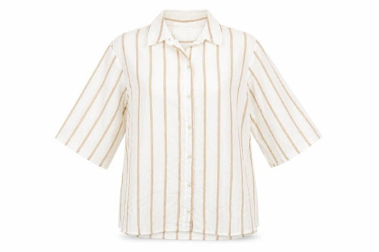 Front view of Papaya women’s white striped viscose basic button-up, size UK 10, collared