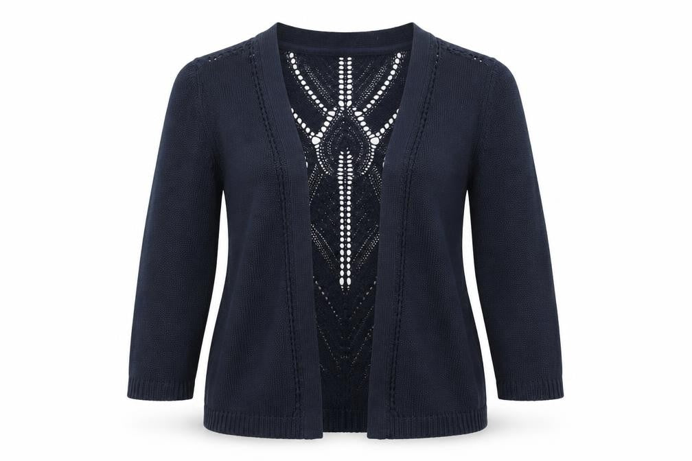 Front view of BHS women’s blue v-neck cotton cardigan jumper, size UK 14