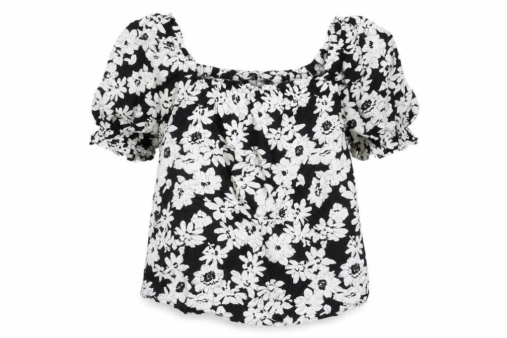 Front view of Marks & Spencer women’s black floral viscose basic blouse, size UK 14, square neck
