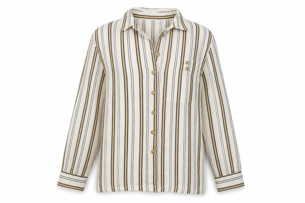 Front view of Topshop women’s beige striped cotton basic button-up, size UK 6, v-neck