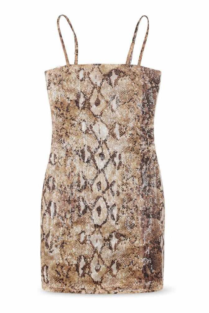 Front view of Honey Punch women’s brown geometric polyester fit & flare, size XS, square neck pullover