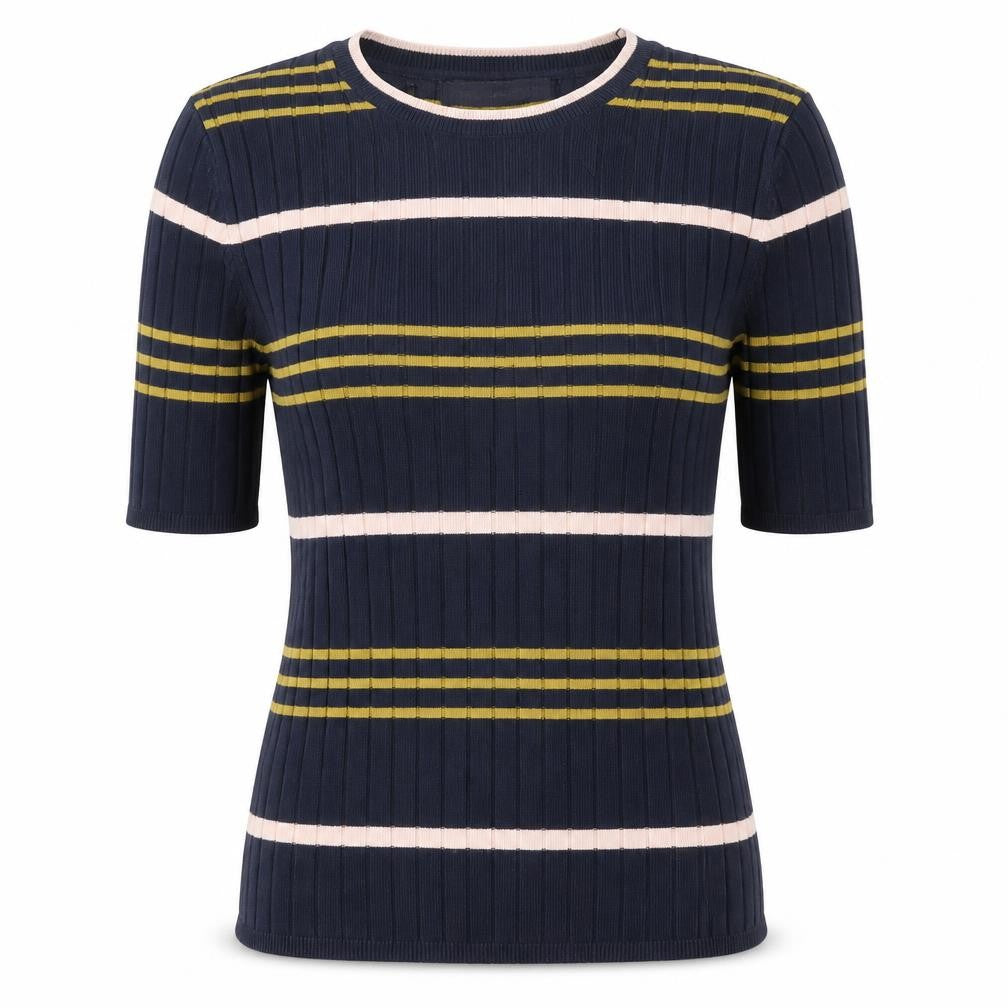 Front view of Marks & Spencer Collection women’s blue striped viscose basic t-shirt, size UK 6, round neck