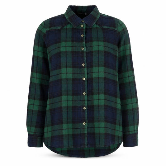 Front view of Dorothy Perkins women’s green plaid cotton basic button-up, size UK 8, collared