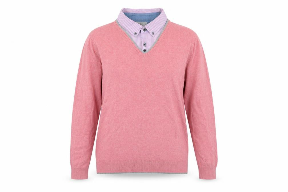 Marks and Spencer Womens Pink V-Neck Cotton Pullover Jumper Size M - Built in Shirt