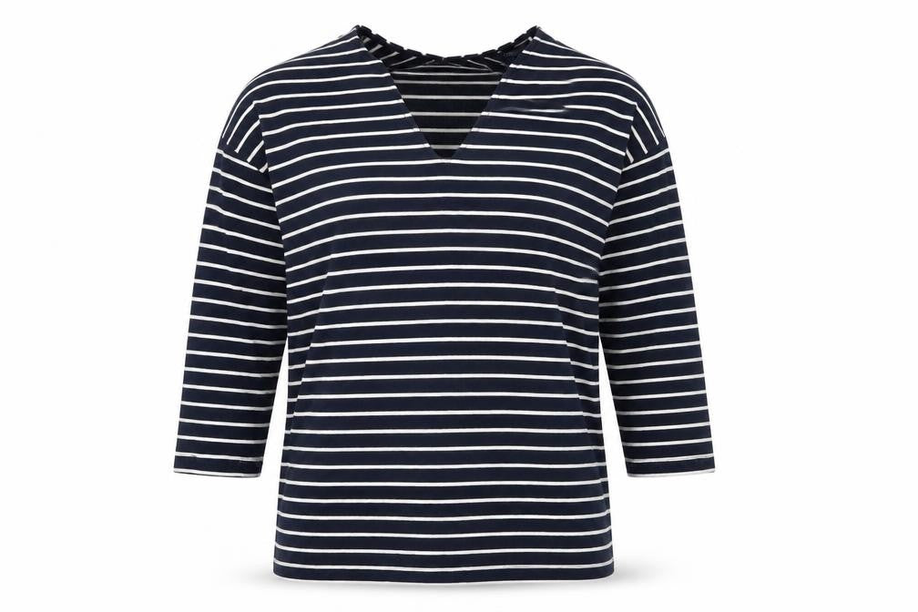 Front view of Next women’s blue striped viscose basic t-shirt, size UK 10, v-neck