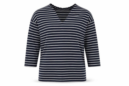 Front view of Next women’s blue striped viscose basic t-shirt, size UK 10, v-neck