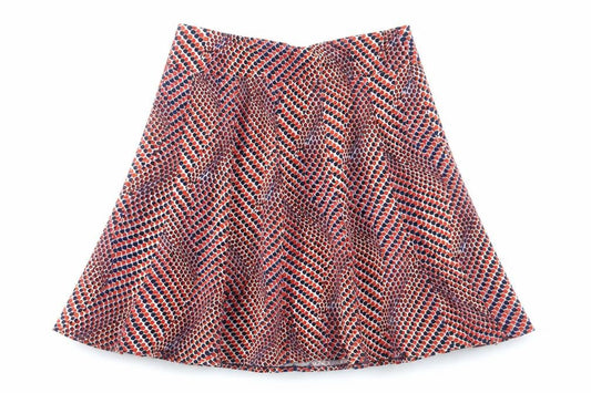 Front view of Nightingales women’s multicoloured geometric viscose skater skirt, size UK 34, in