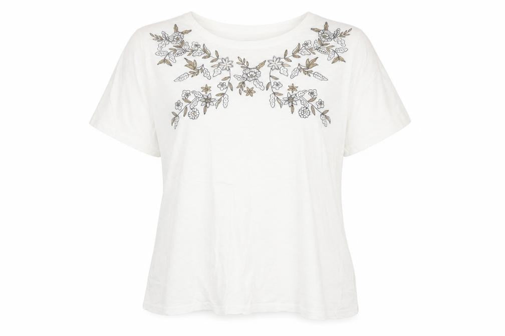 EWM Womens White Floral 100% Cotton Basic T-Shirt Size M Scoop Neck