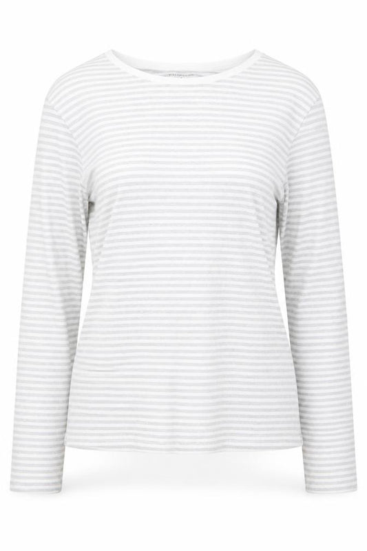 Front view of Primark women’s grey striped cotton basic blouse, size S, boat neck