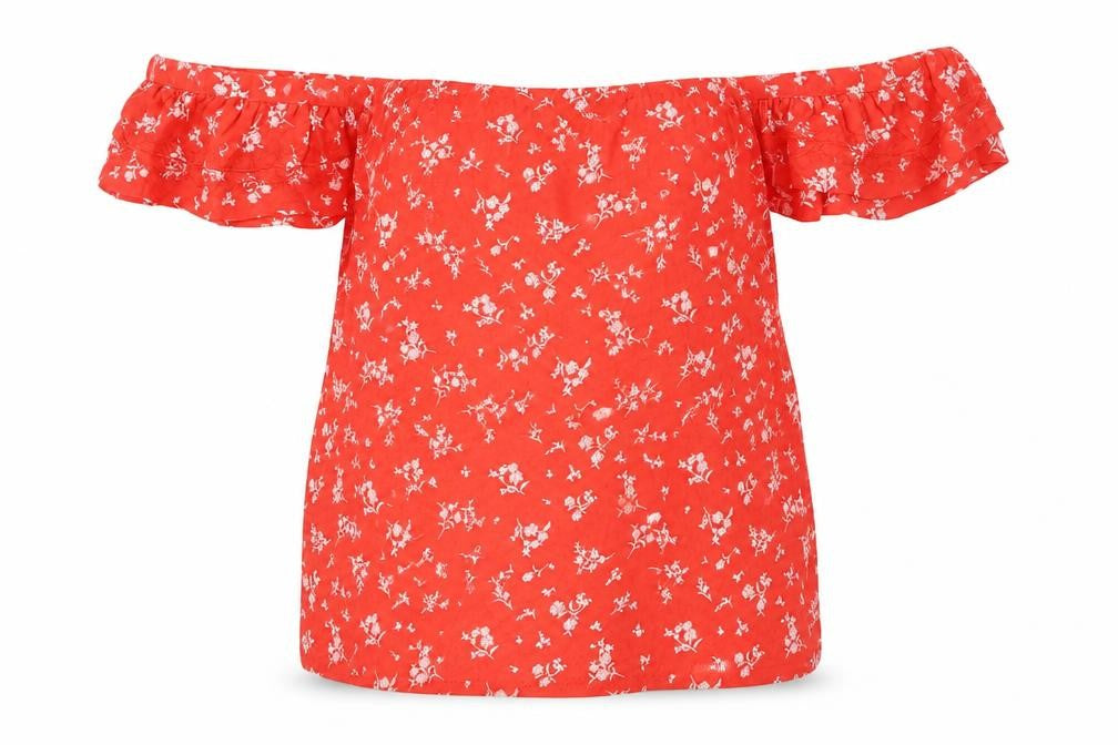 Front view of Marks & Spencer women’s red geometric 100% cotton basic blouse, size UK 8, off the shoulder