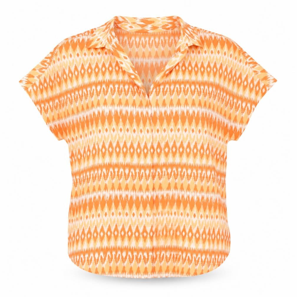 Front view of Marks & Spencer women’s orange geometric polyester basic blouse, size UK 8, v-neck