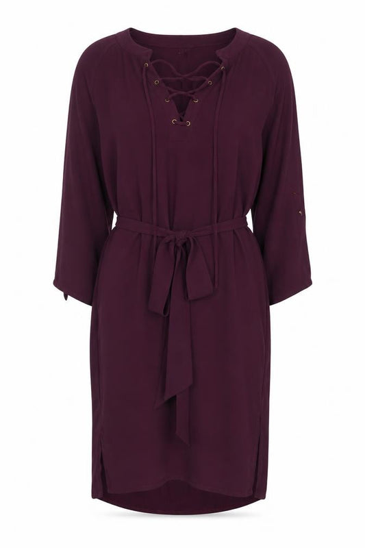 Front view of Atmosphere women’s purple polyester sheath, size UK 6, v-neck tie