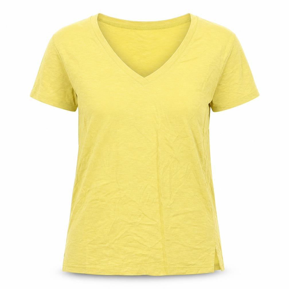 Front view of Per Una women’s yellow modal basic t-shirt, size UK 6, v-neck