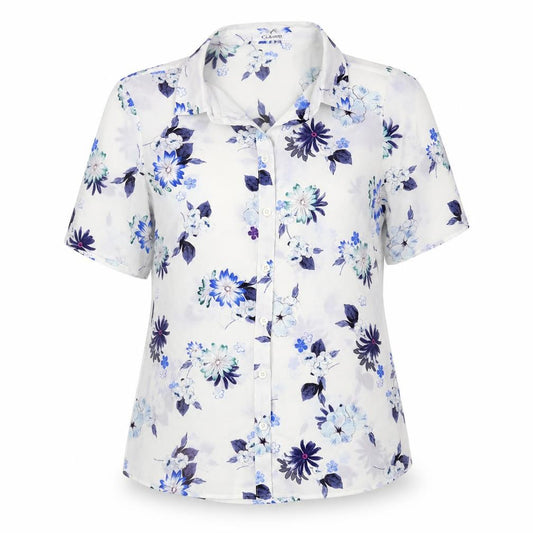 Front view of Marks & Spencer women’s white floral polyester basic button-up, size S, collared