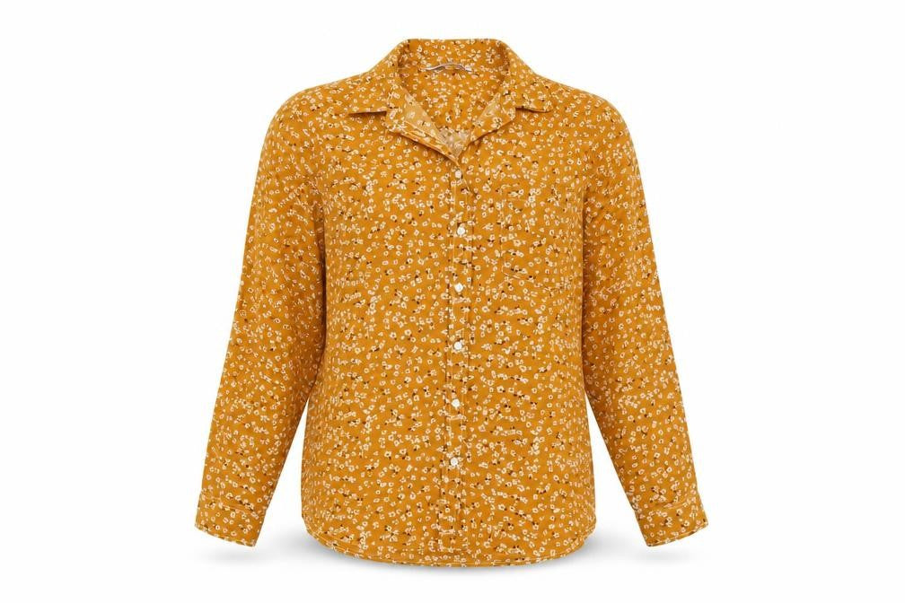 Front view of Lefties women’s orange floral polyester basic button-up, size S, collared