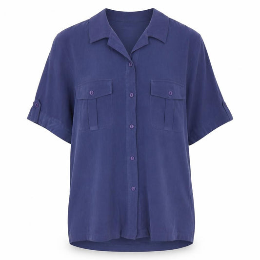 Front view of TanJay women’s blue polyester basic button-up, size UK 14, collared