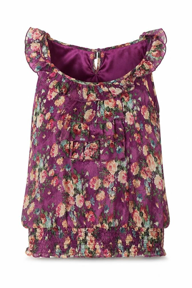 Front view of Purple women’s purple floral polyester basic tank, size S, scoop neck