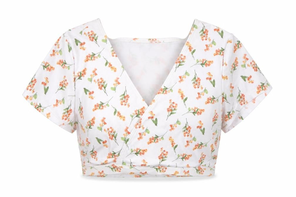 Peek & Beau Womens White Floral Polyester Cropped Blouse Size 18 V-Neck