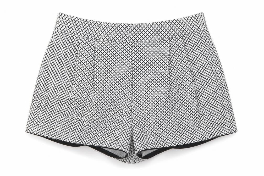 Front view of Miss Selfridge women’s black geometric polyester hot pants shorts, size UK 10, regular zip