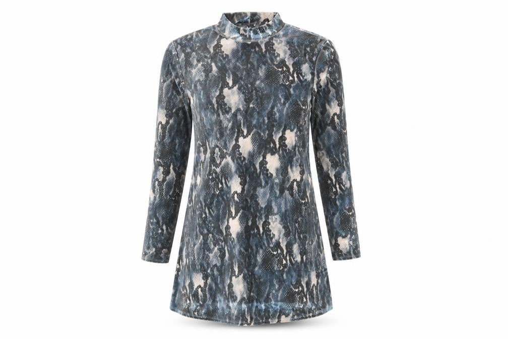 Front view of George women’s blue animal print polyester shift, size UK 8, mock neck pullover - snakeskin pattern