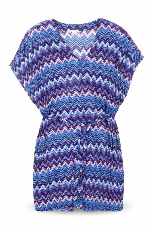 Front view of H&M women’s blue geometric polyester kaftan, size XS, v-neck pullover