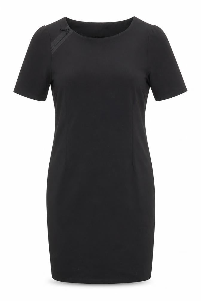 Front view of iZ women’s black polyester pencil dress, size M, round neck zip