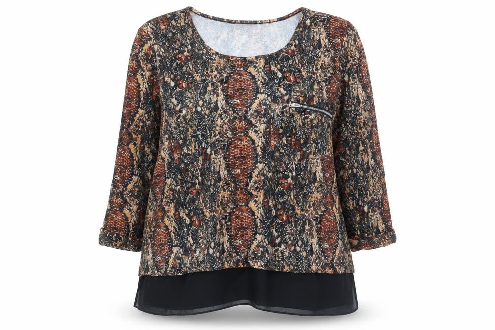 Front view of Klass women’s brown scoop neck animal print polyester jumper, size 2XL