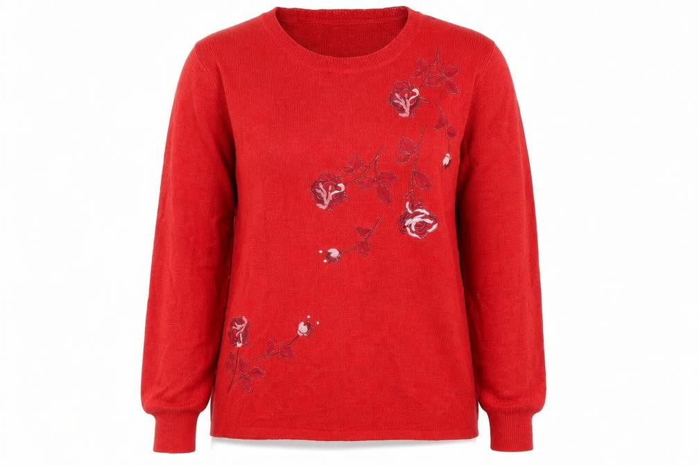 Front view of Preworn women’s red round neck acrylic jumper, size M