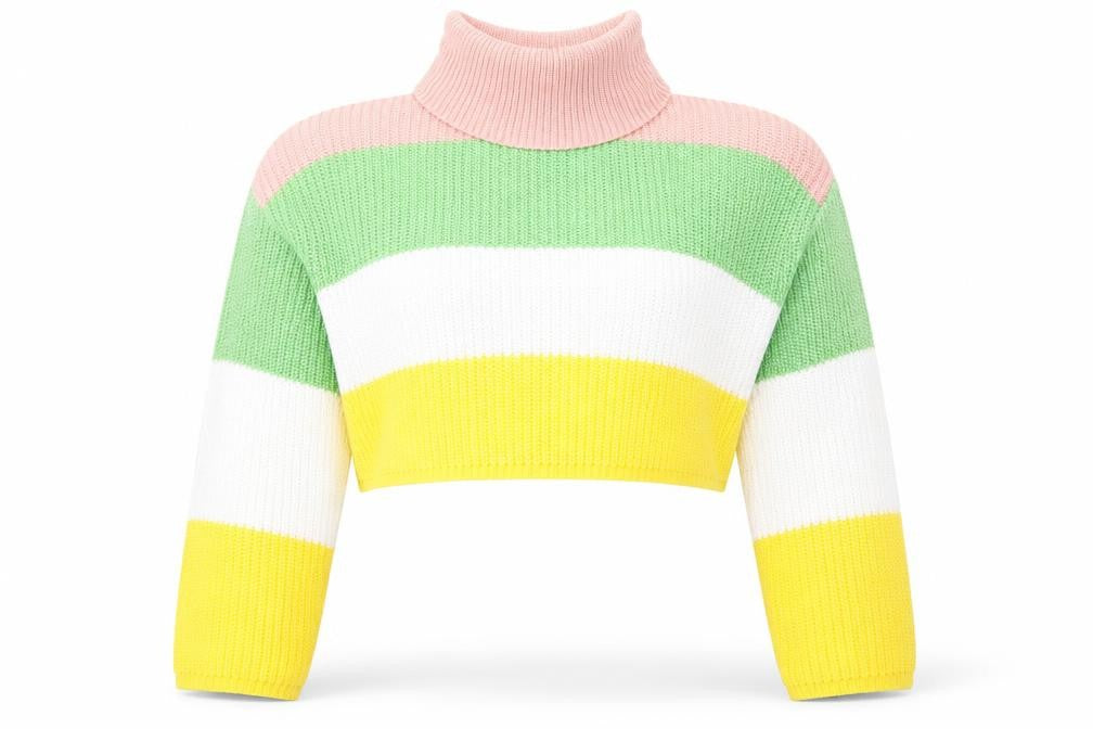 Front view of Missguided women’s multicoloured roll neck striped acrylic jumper, size S