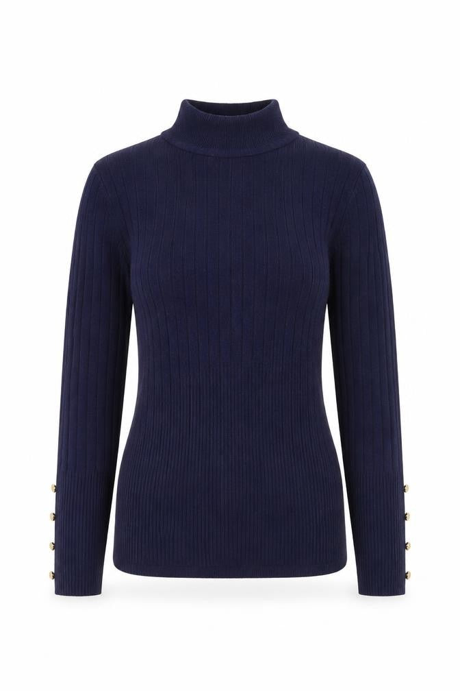 Front view of Marks & Spencer women’s blue high neck viscose jumper, size UK 6, - ribbed