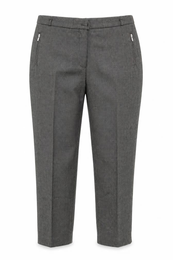 Front view of Marks & Spencer women’s grey geometric polyester trousers, size UK 16, regular zip