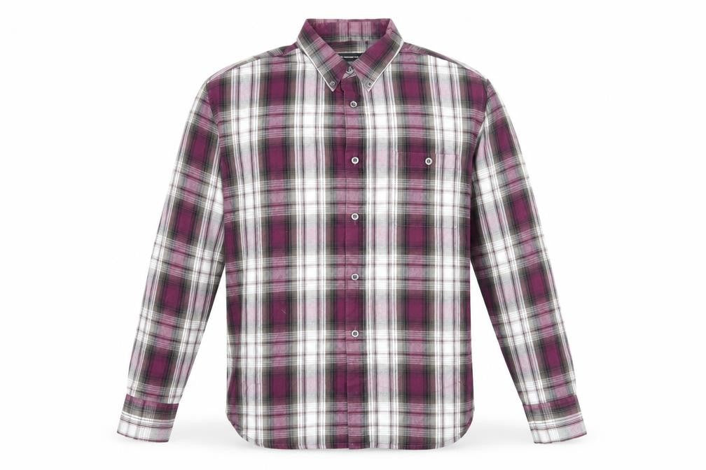 Front view of French Connection men’s purple plaid cotton button-up, size L, collared button