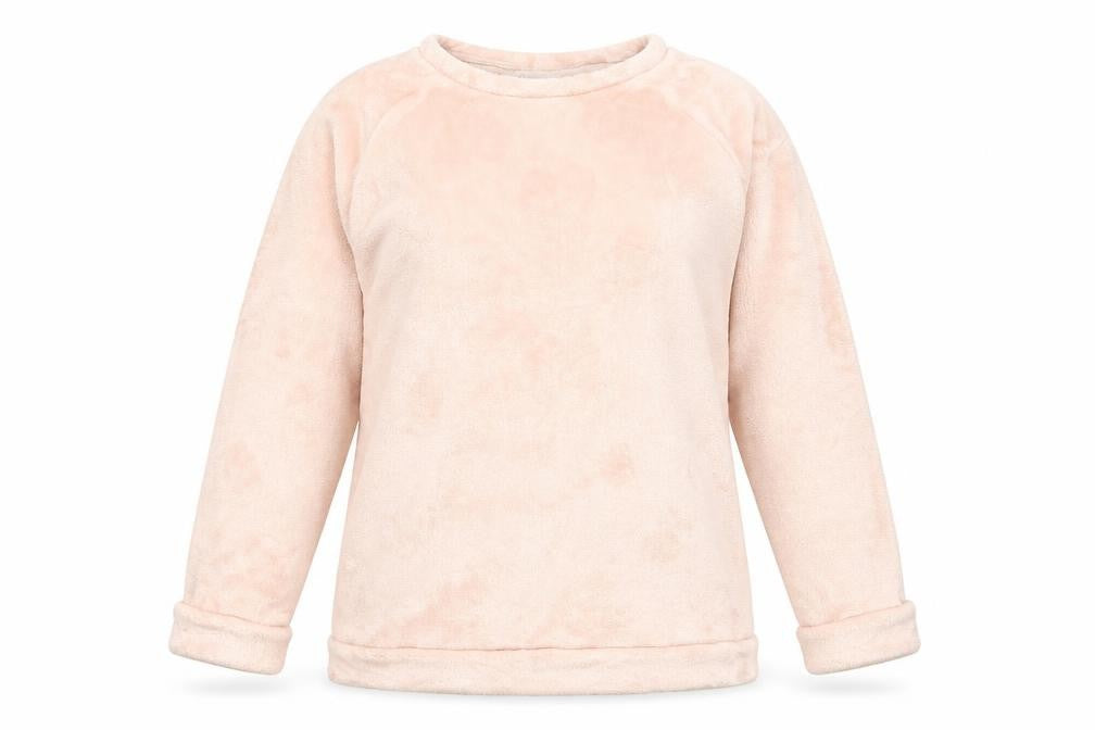 Front view of H&M women’s pink round neck polyester jumper, size M