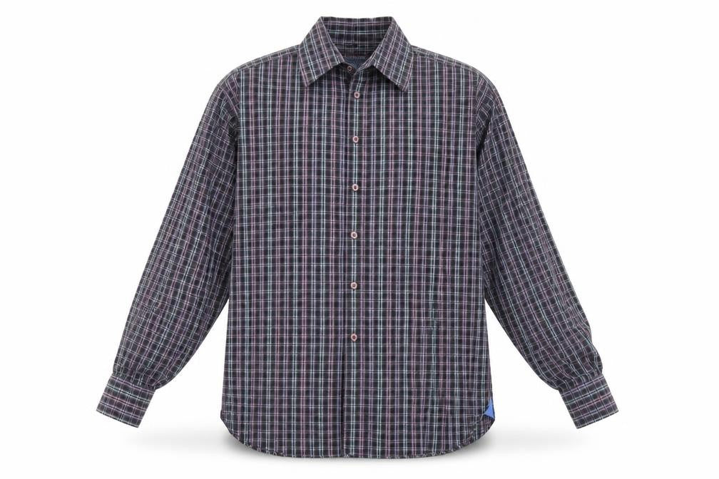 Front view of Haines & Bonner men’s black plaid cotton button-up, size L, collared button