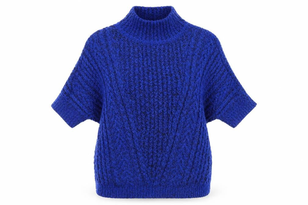 Front view of F&F women’s blue high neck acrylic jumper, size UK 6, - batwing