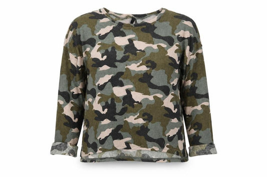 Front view of Divided women’s green scoop neck camouflage polyester jumper, size M, - ribbed