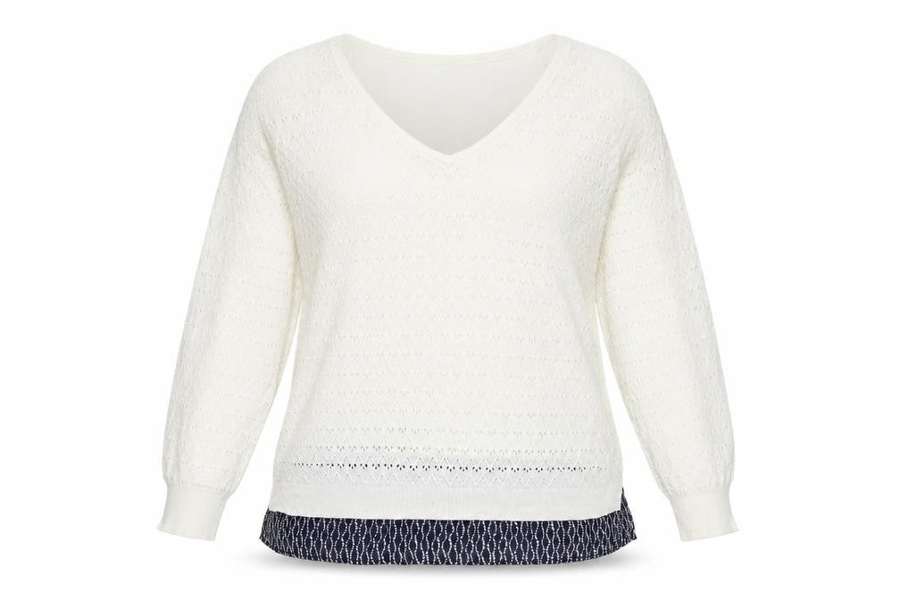 Front view of F&F women’s white v-neck polyester jumper, size UK 14, - chiffon hem