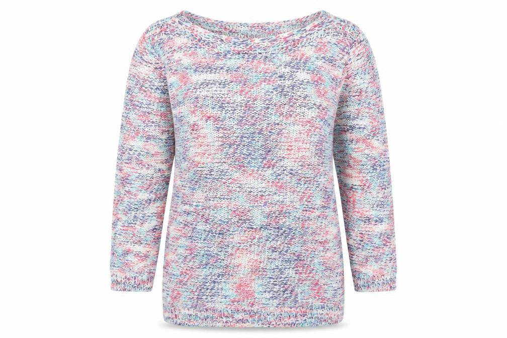 Front view of Per Una women’s multicoloured round neck acrylic jumper, size UK 8