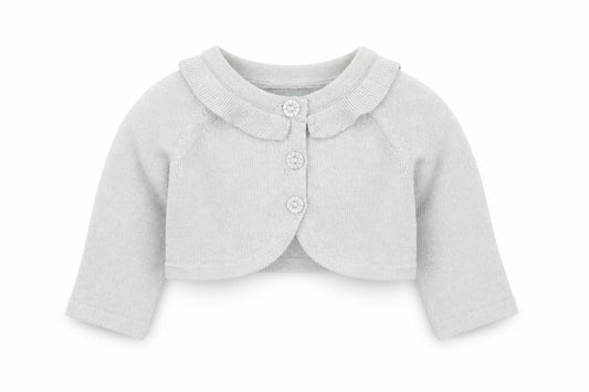 Front view of Monsoon girls’ grey cotton cardigan jumper, size 0-3, months button