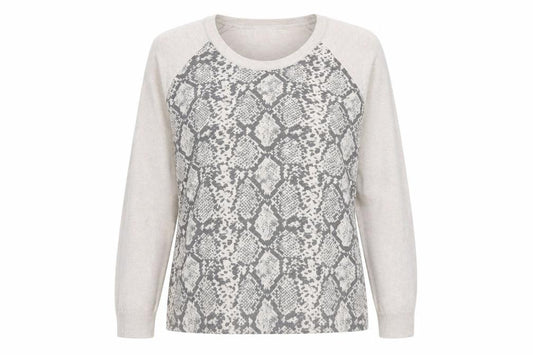 Front view of George women’s beige round neck animal print polyester jumper, size UK 20, - snakeskin pattern