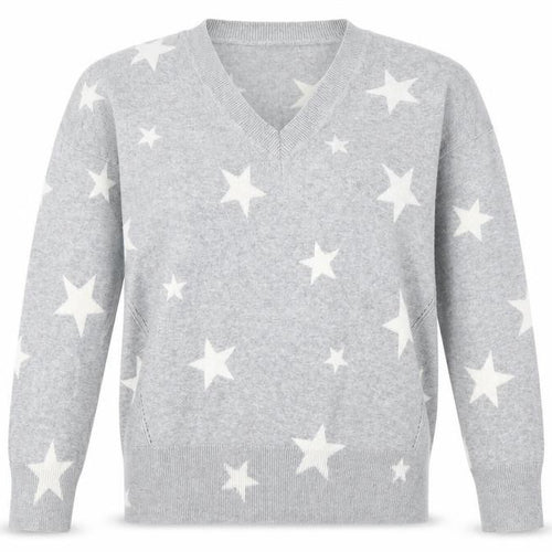 Marks and Spencer Womens Grey V-Neck Geometric Cotton Pullover Jumper Size M - Star
