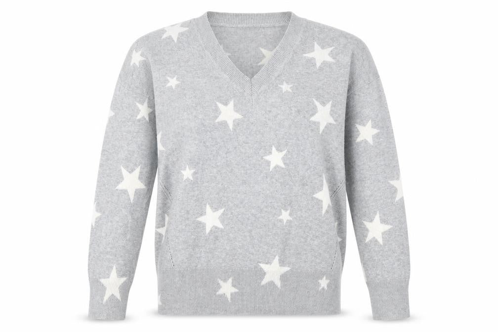 Marks and Spencer Womens Grey V-Neck Geometric Cotton Pullover Jumper Size M - Star