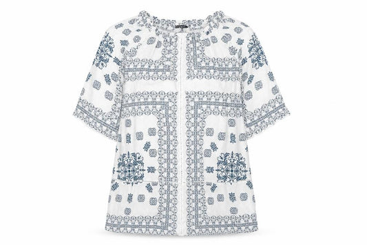 Front view of Atmosphere women’s white geometric viscose a-line, size UK 8, round neck pullover