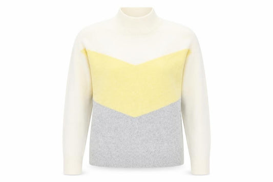 Front view of Oasis women’s multicoloured mock neck acrylic jumper, size XS, - colourblock
