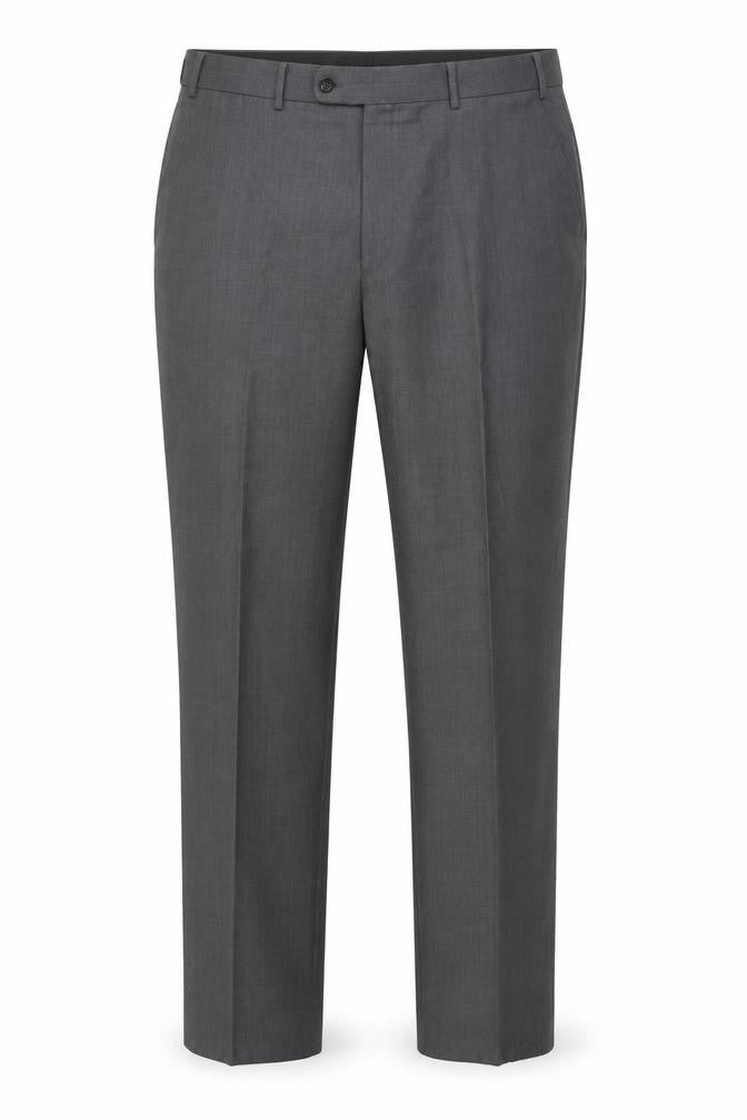 Front view of Full Circle men’s grey wool trousers, size 44, in regular zip