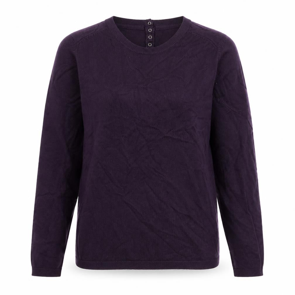 Front view of Debenhams women’s purple round neck viscose jumper, size UK 12