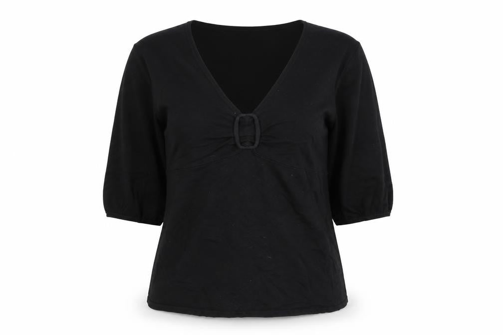 Front view of Monsoon women’s black v-neck viscose jumper, size UK 12