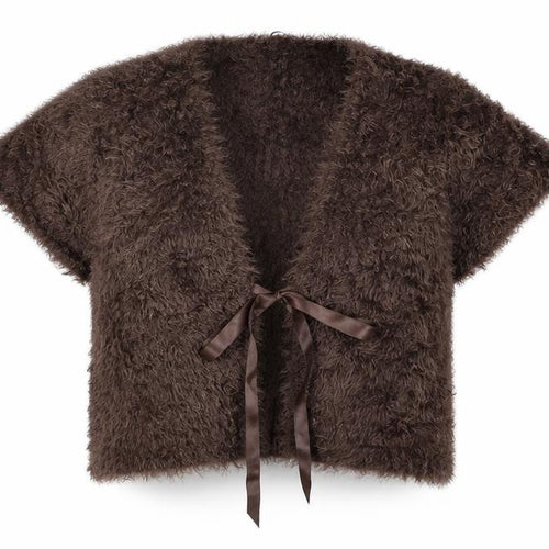 Per Una Womens Brown V-Neck Polyamide Shrug Jumper Size 10 - Fluffy Satin Tie Front